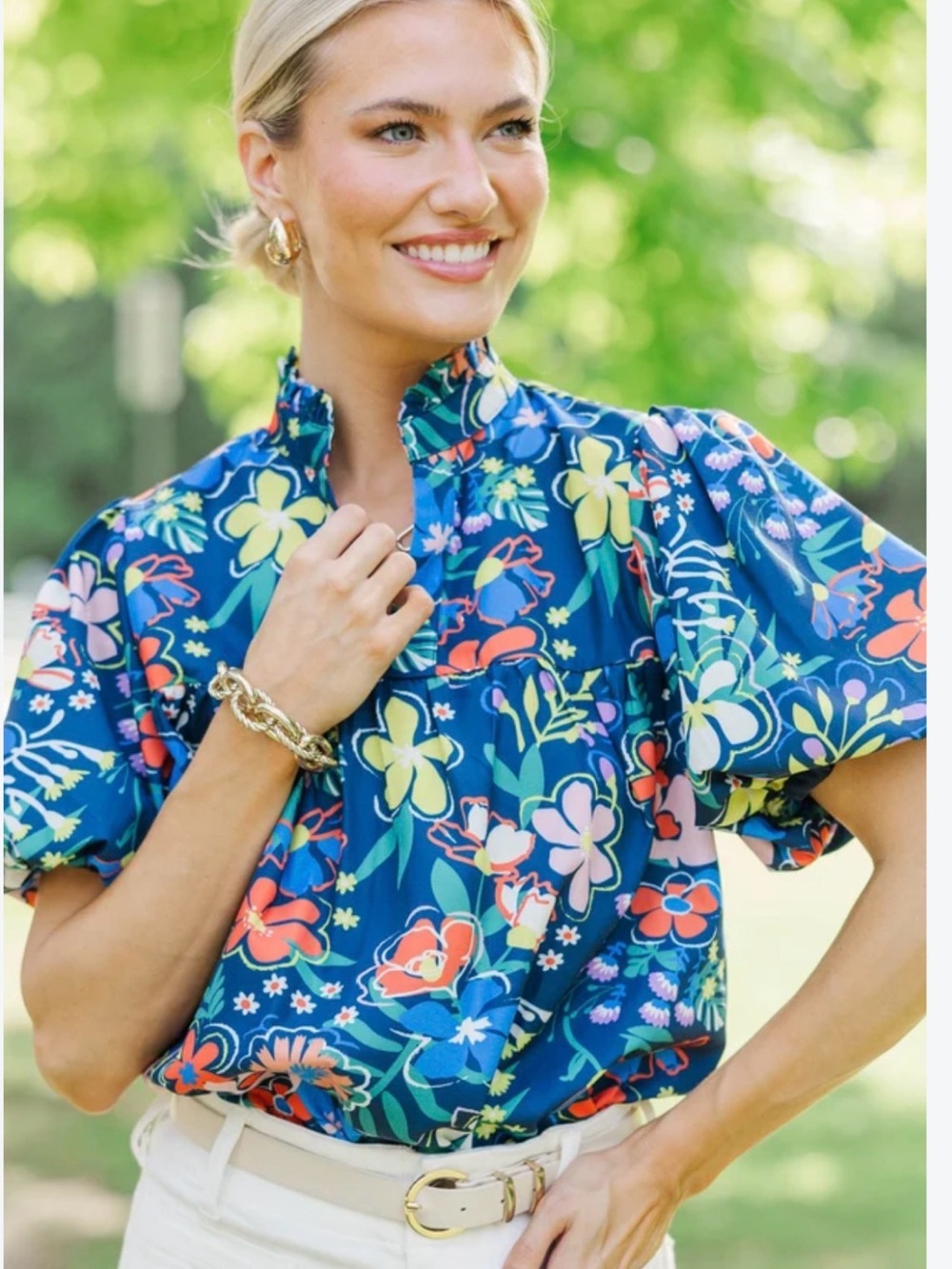 THML When You Know Navy Blue Floral Blouse Botanical Babydoll Classy Elevated